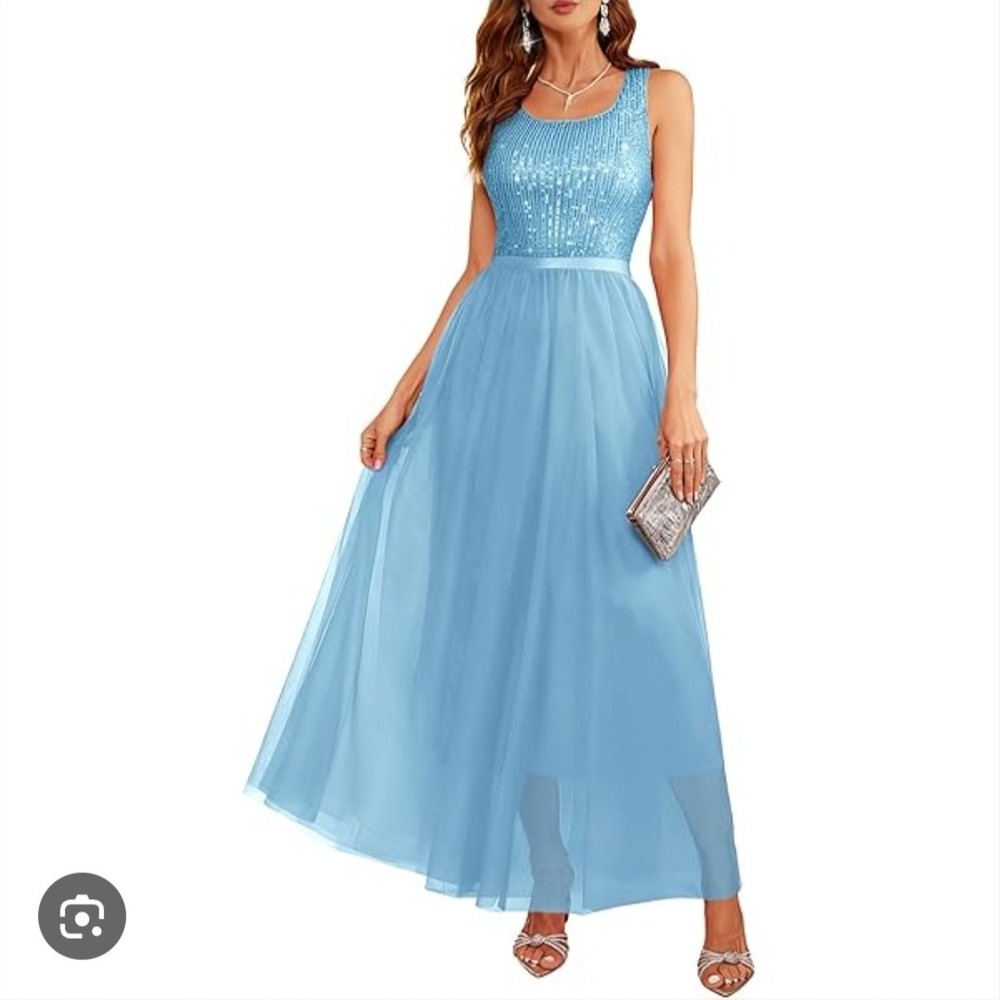 BeryLove Light Blue Sequin Tulle Maxi Dress Sleeveless Formal Evening Gown Small